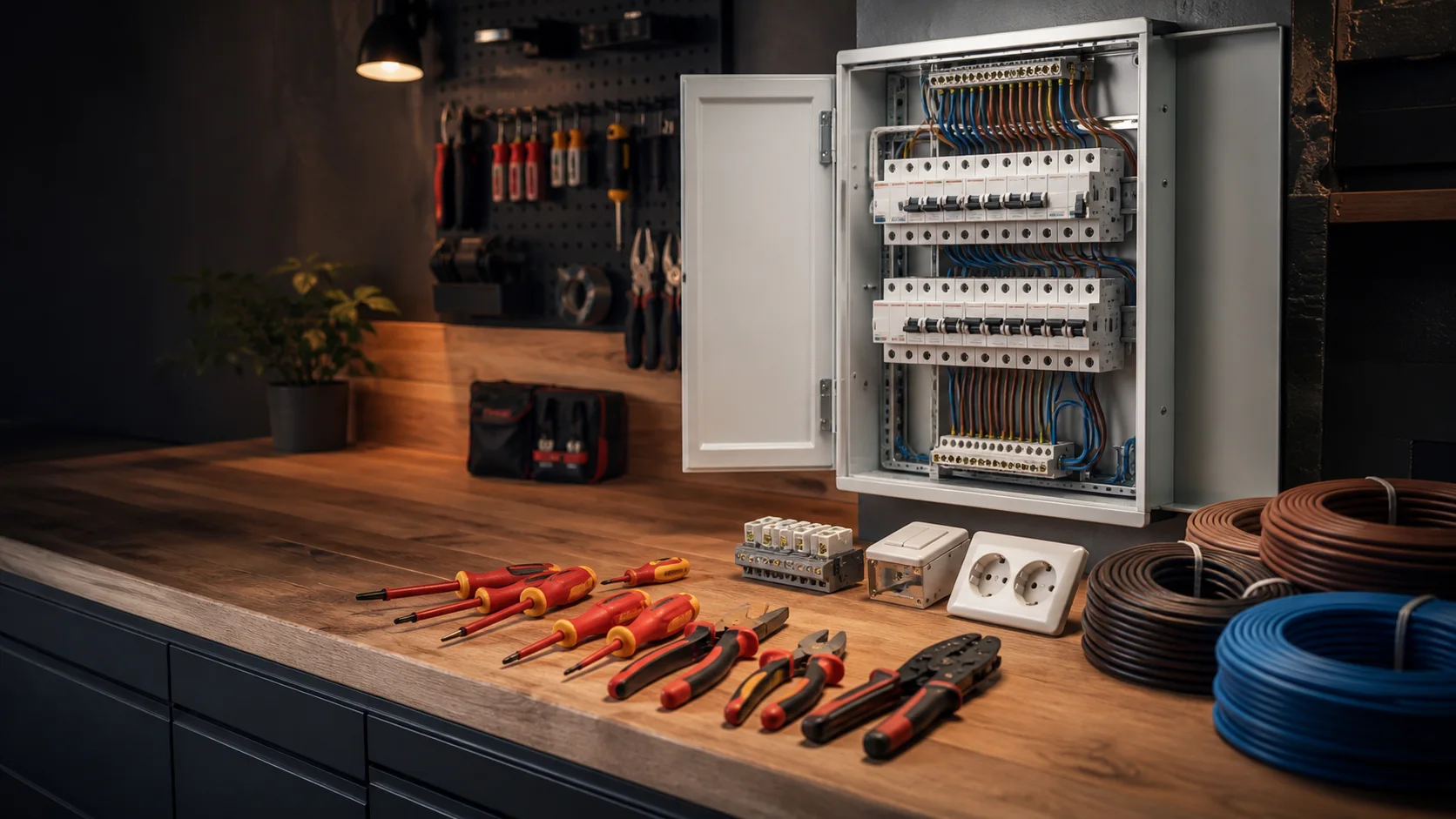 Düzenli bir teknik servis tezgâhında elektrik panosu ve tesisat ekipmanları