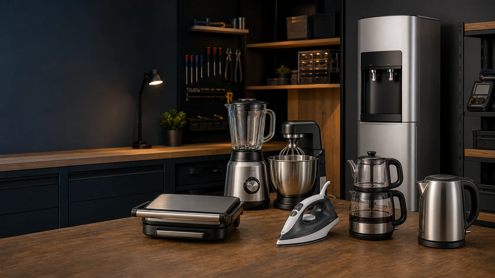 Servis tezgâhında blender, mikser, tost makinesi, ütü, su sebili, çay makinesi ve kettle